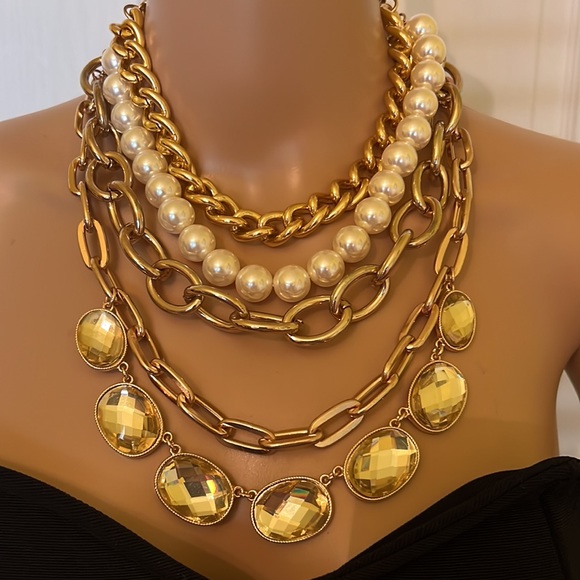 mila Jewelry - Mila gold pearl crystal chain tiered chunky necklace ( dress also for sale)